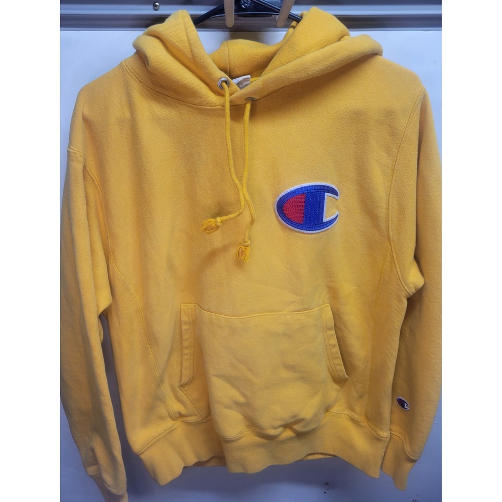 Vtg 90s‎ Champion Reverse Weave Yellow Hoodie Sweatshirt Logo Embroidered Medium